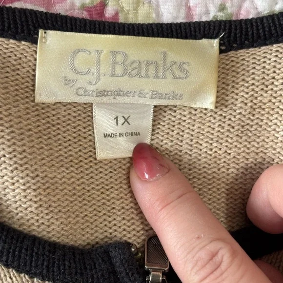 CJ Banks Women’s 1X Cotton Zip Cardigan Sweater Tan Black Moose Nordic Fair Isle - Picture 2 of 10